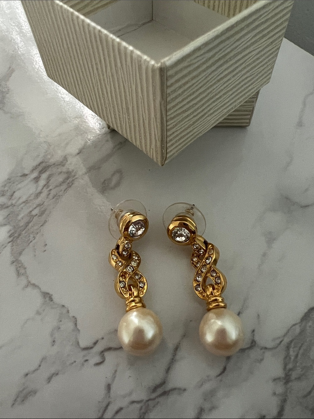 Gold Pearl Drop Earrings with Crystal Accents - Women Jewelry